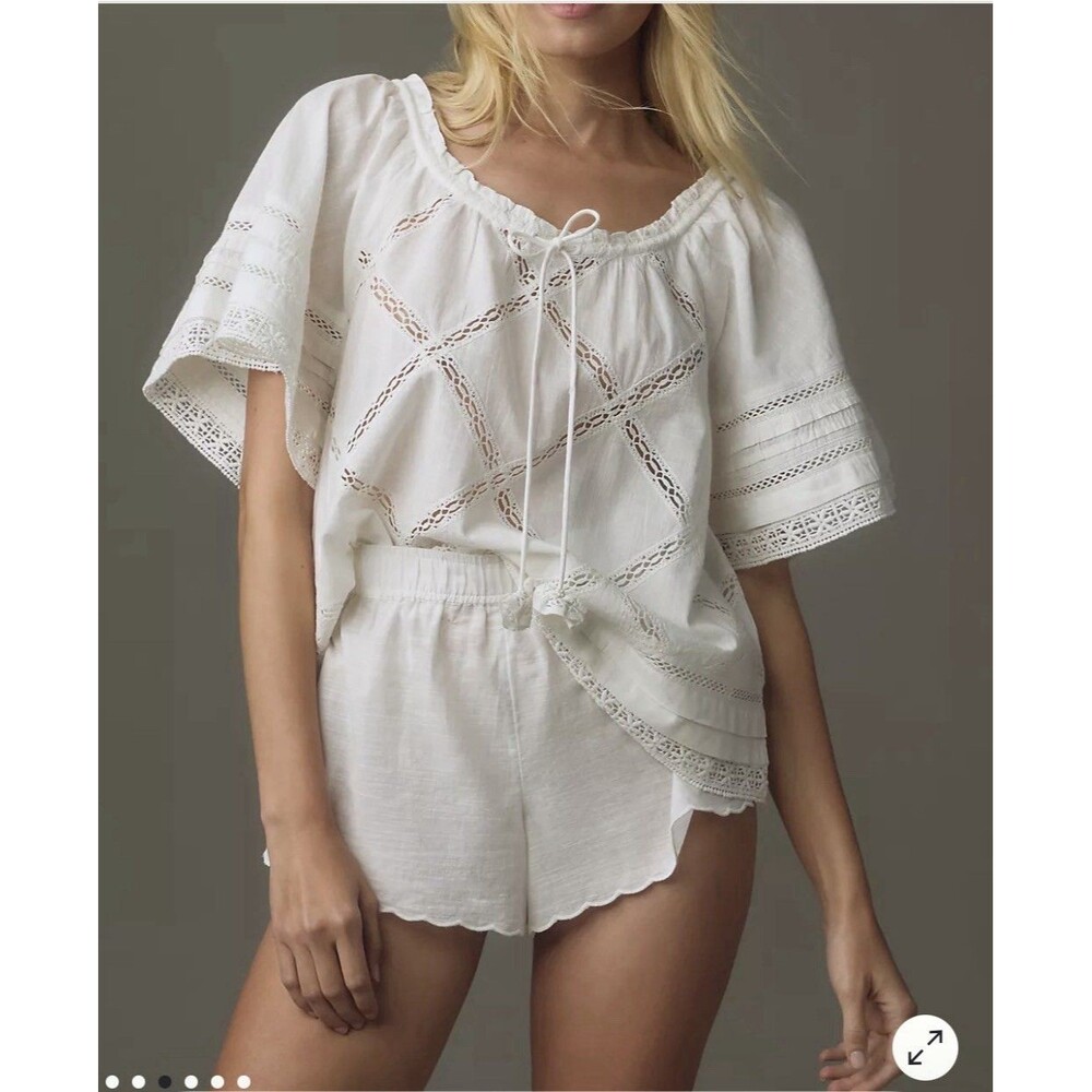 By Anthropologie Flutter-Sleeve Lace Top Medium Bohemian Summer Vacation Party